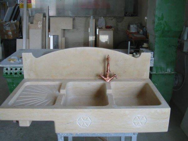 Lavello per cucina in marmo o pietra Modello 2 fonti e gocciolatoio a raggiera in marmo